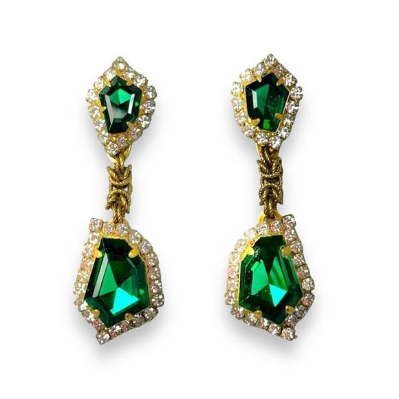 NWT Vintage Style Statement Green Swarovski Crystal Dangle Drop Earrings Women's - Picture 2 of 9